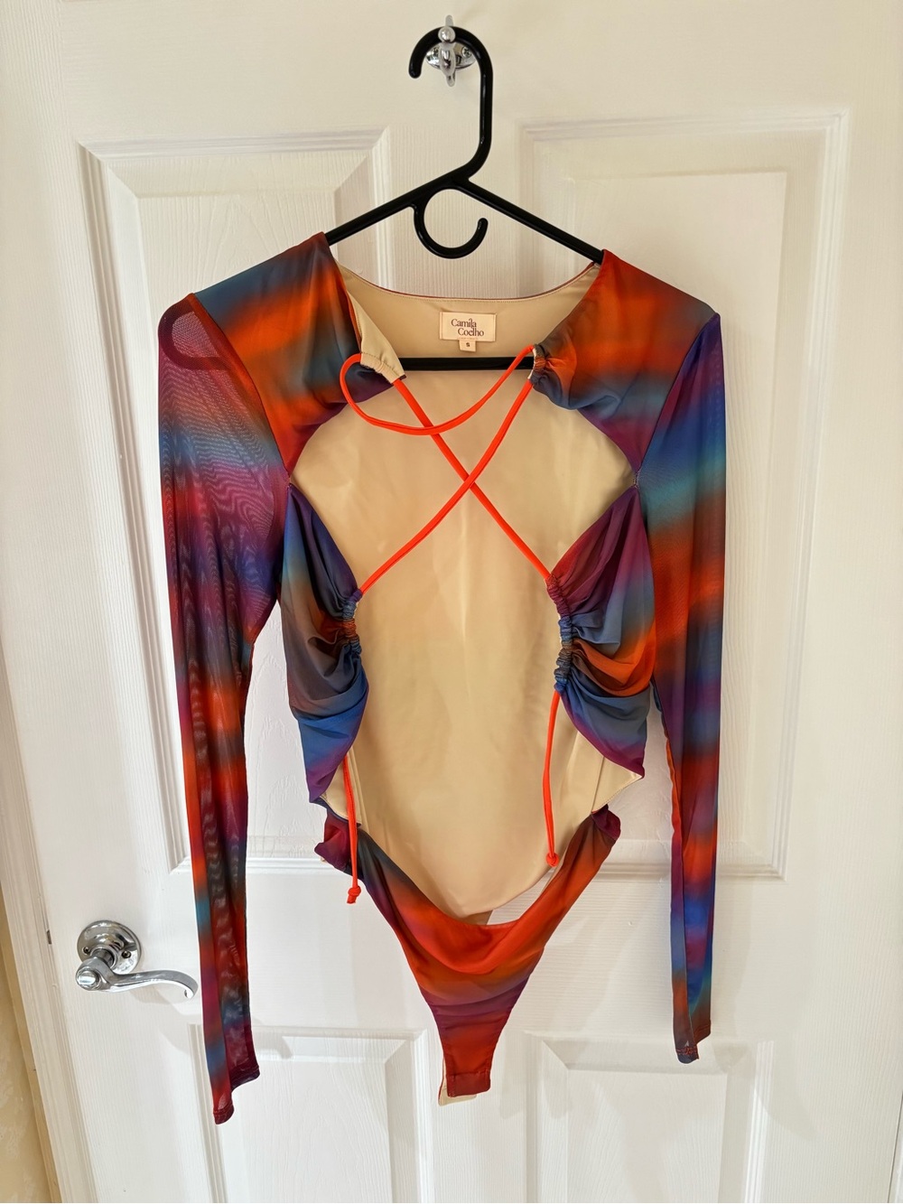 Camila Coelho Multicolor Rainbow Mesh One-Piece with Neon Orange Straps